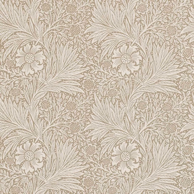 Warm linen-beige wallpaper with taupe botanical sprays, rounded flowers and sweeping leaves