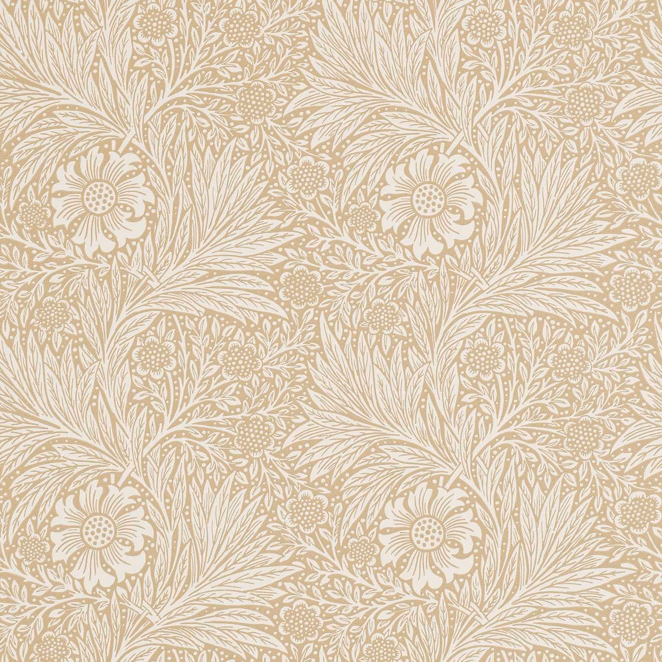 Warm marigold-beige wallpaper with ivory floral sprays and fine leafy detail