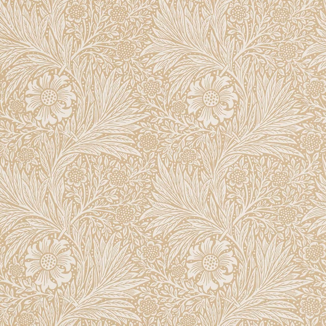 Warm marigold-beige wallpaper with ivory floral sprays and fine leafy detail