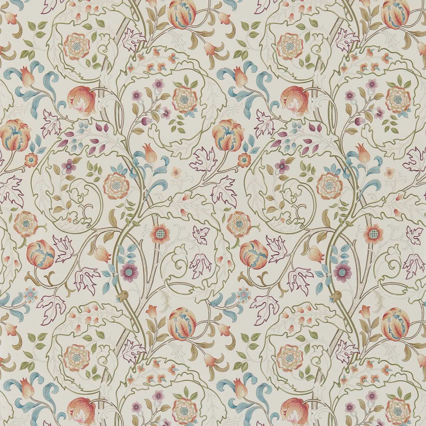 Artichoke green botanical wallpaper with rose, terracotta and blue flowers