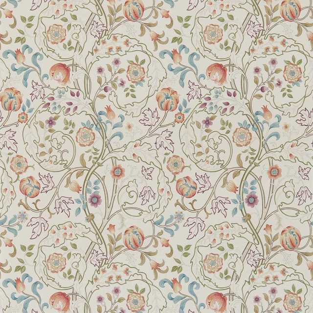 Artichoke green botanical wallpaper with rose, terracotta and blue flowers