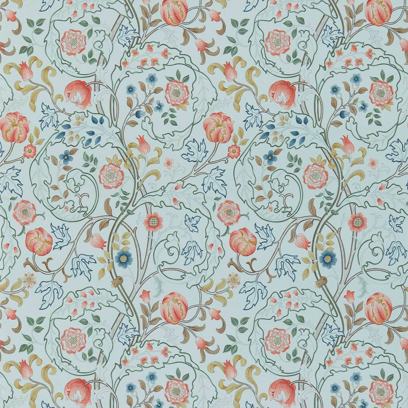 Pale blue wallpaper with pink flowers, curling vines, green leaves and fine botanical detail