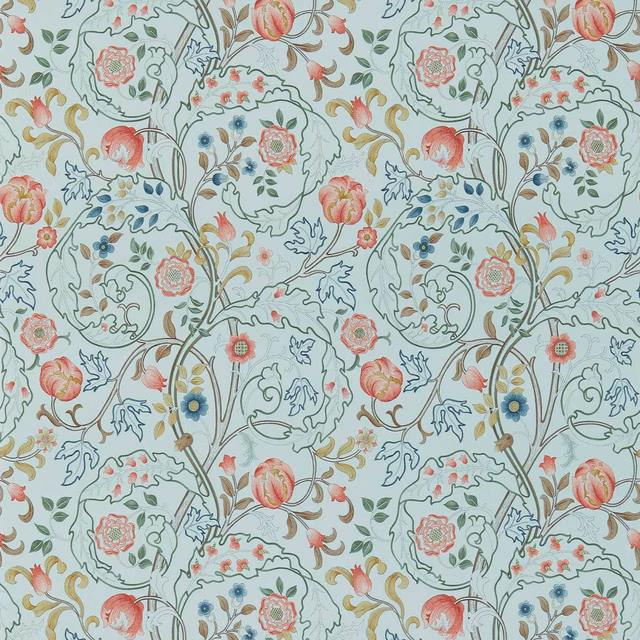 Pale blue wallpaper with pink flowers, curling vines, green leaves and fine botanical detail