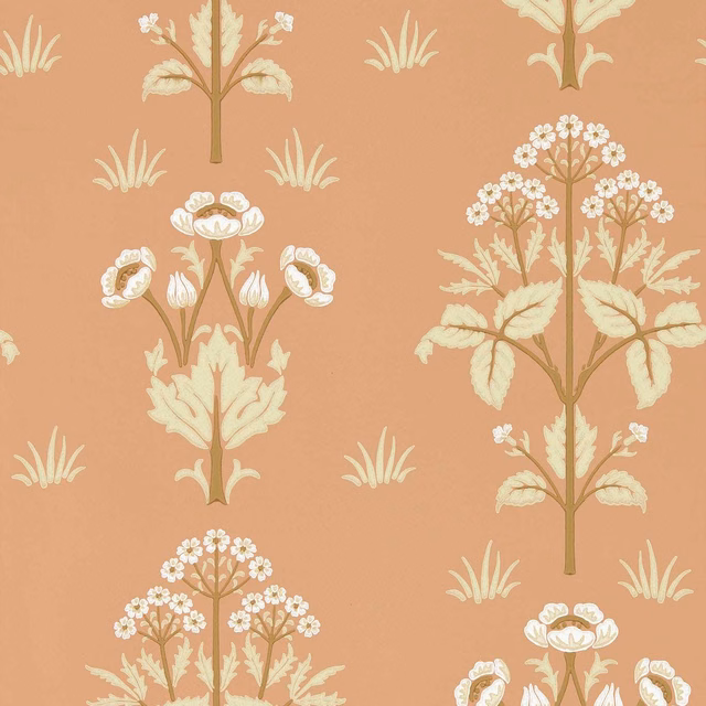 Blush-terracotta wallpaper with cream flowering stems, leaves and small meadow sprays
