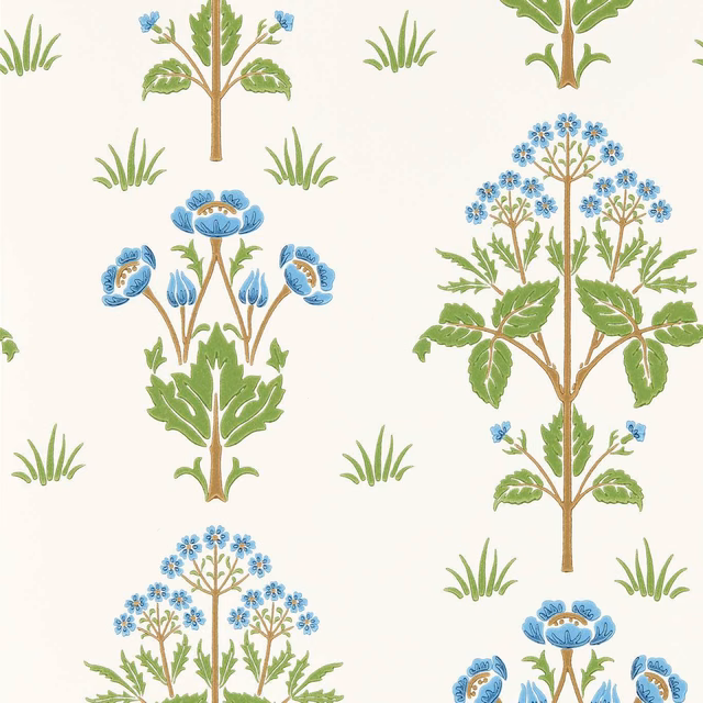 Cream wallpaper with cobalt-blue flowers and grass-green botanical sprays