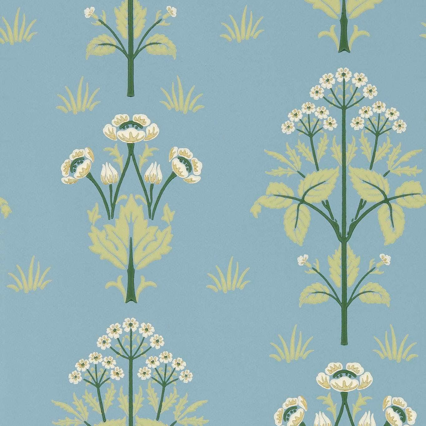 Mineral-blue wallpaper with pale botanical stems, white flowers and yellow-green foliage