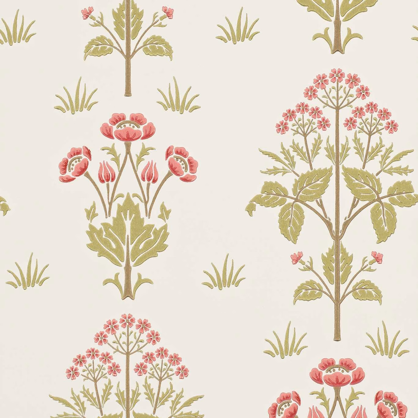 Dusty rose flowers and olive botanical stems on a warm ivory wallpaper ground