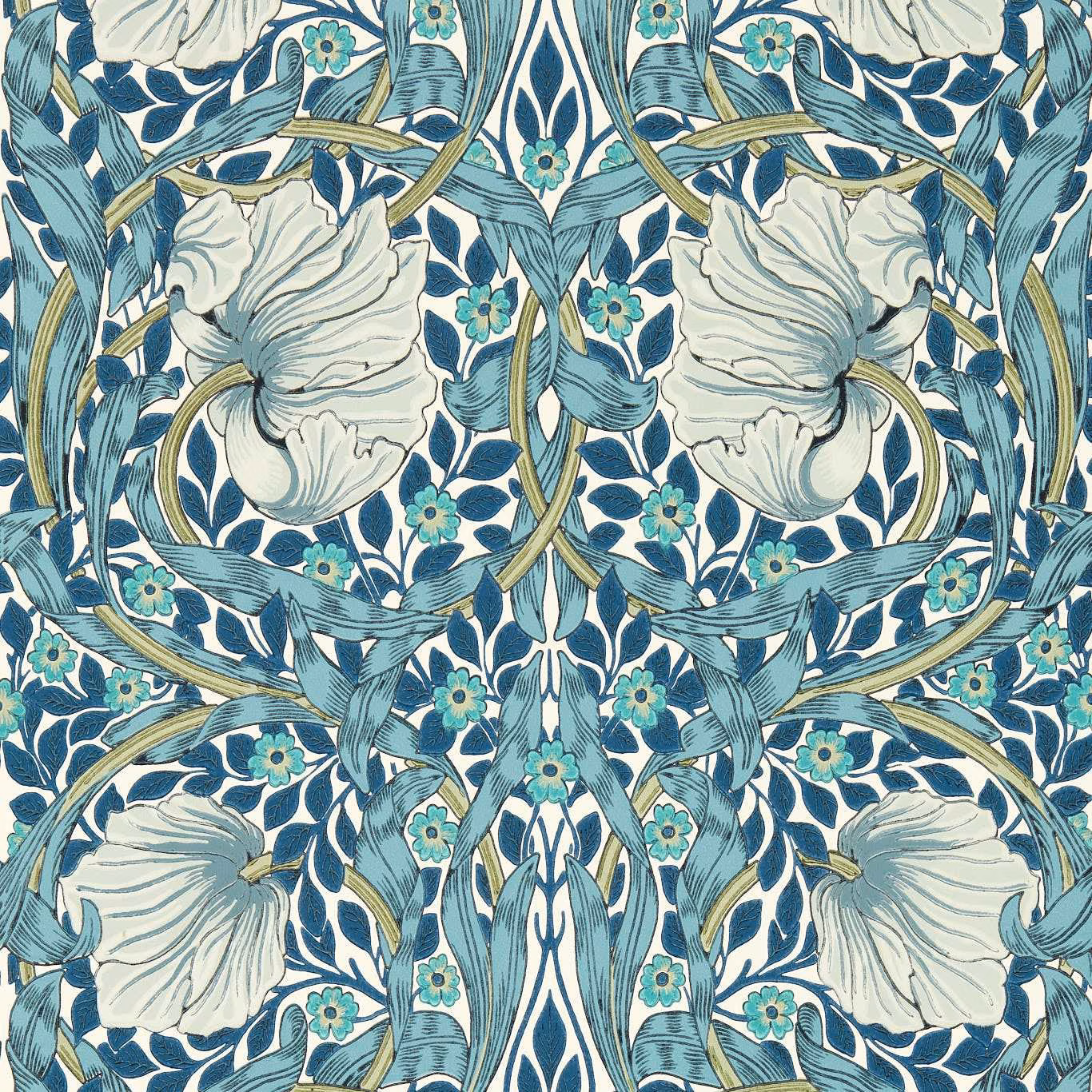 Cobalt wallpaper with pale mineral flowers, teal leaves and fine gold botanical stems