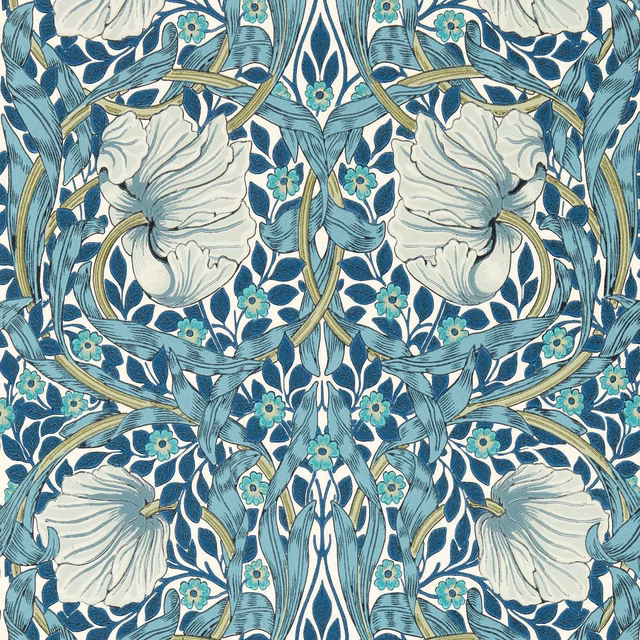 Cobalt wallpaper with pale mineral flowers, teal leaves and fine gold botanical stems