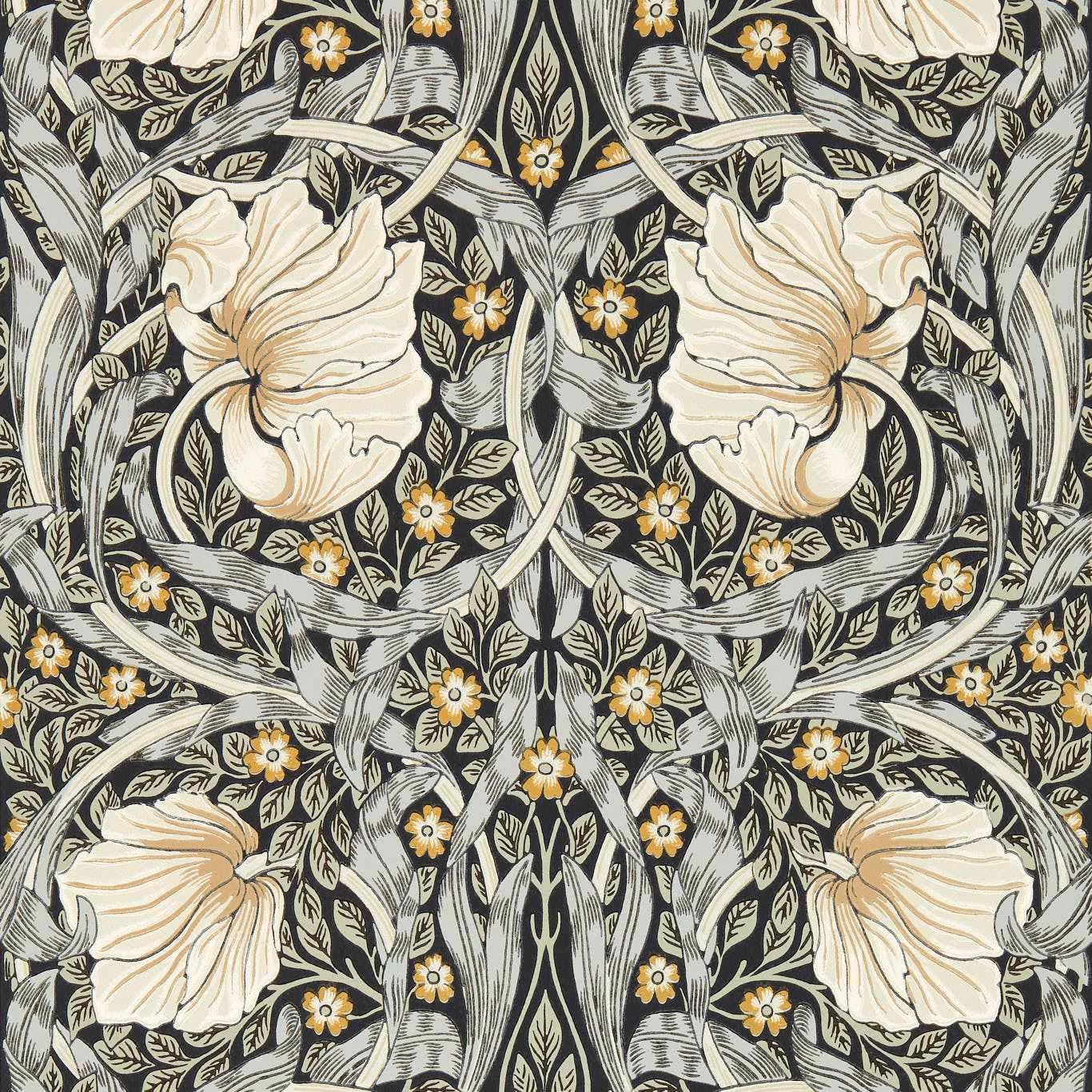 Ink and sage wallpaper with cream blooms, curling leaves and small ochre flowers