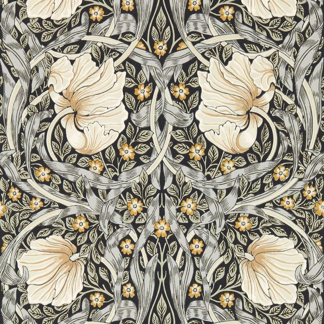 Ink and sage wallpaper with cream blooms, curling leaves and small ochre flowers