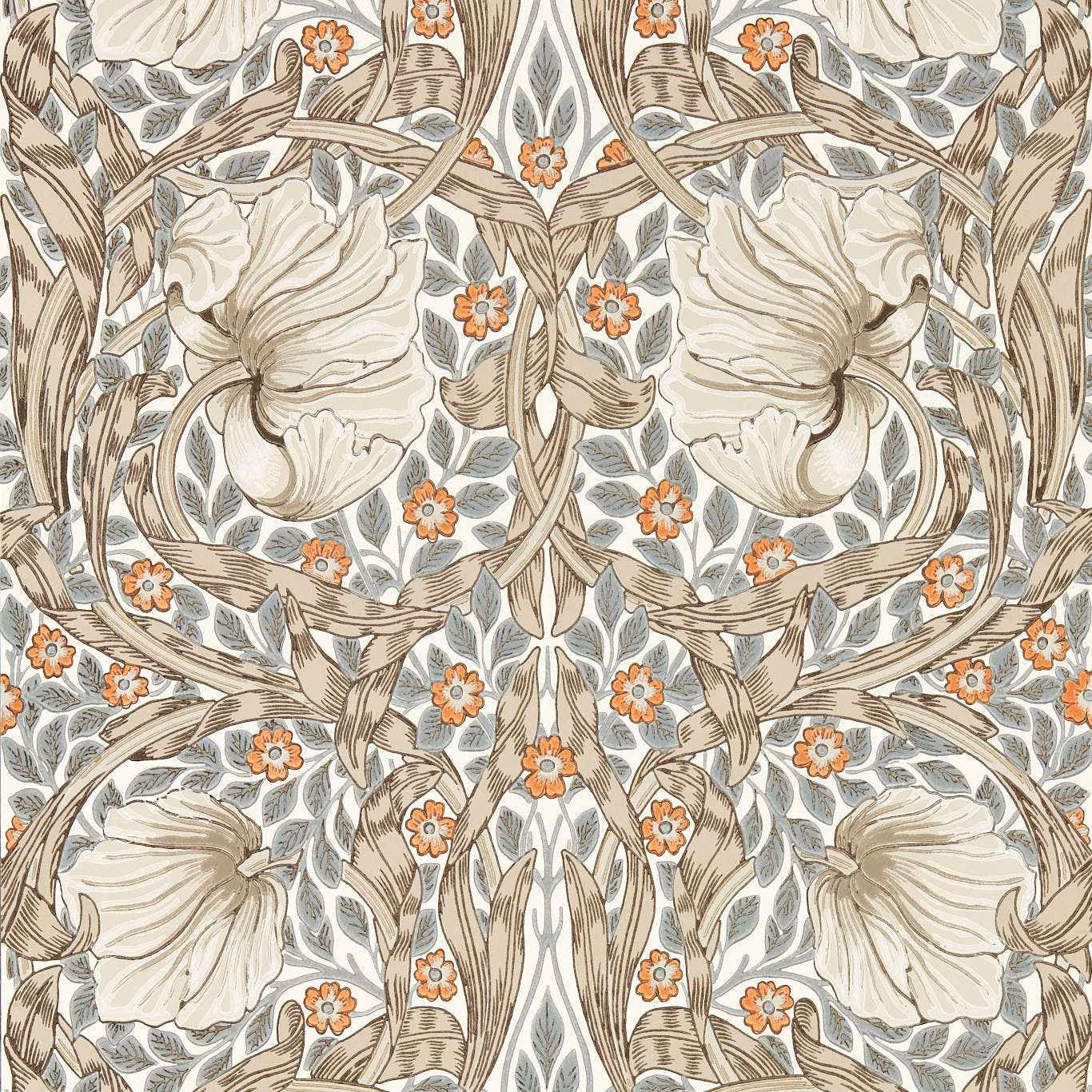 Cream botanical wallpaper with coral flowers, taupe vines and grey-green leaves