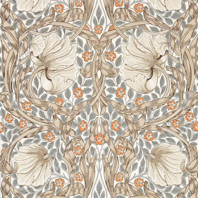 Cream botanical wallpaper with coral flowers, taupe vines and grey-green leaves