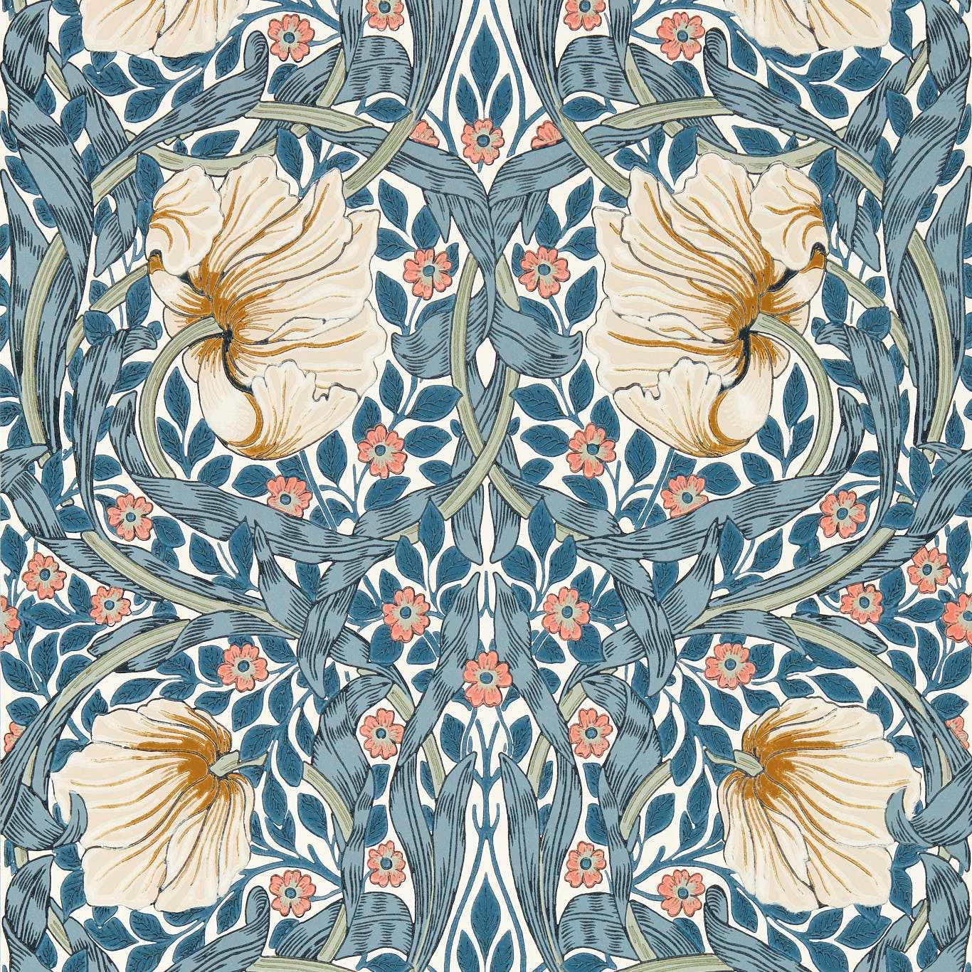 Woad-blue scrolling foliage with ivory blooms and coral flower sprigs