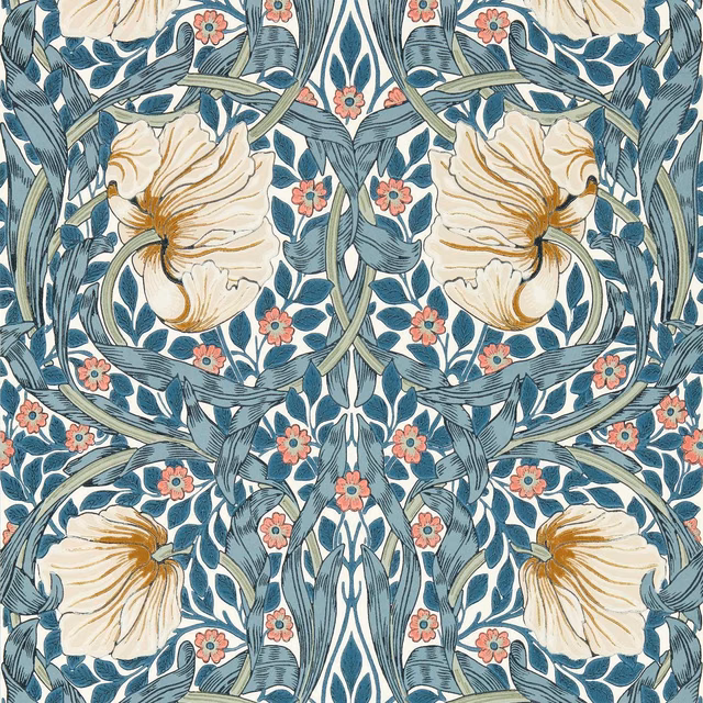 Woad-blue scrolling foliage with ivory blooms and coral flower sprigs