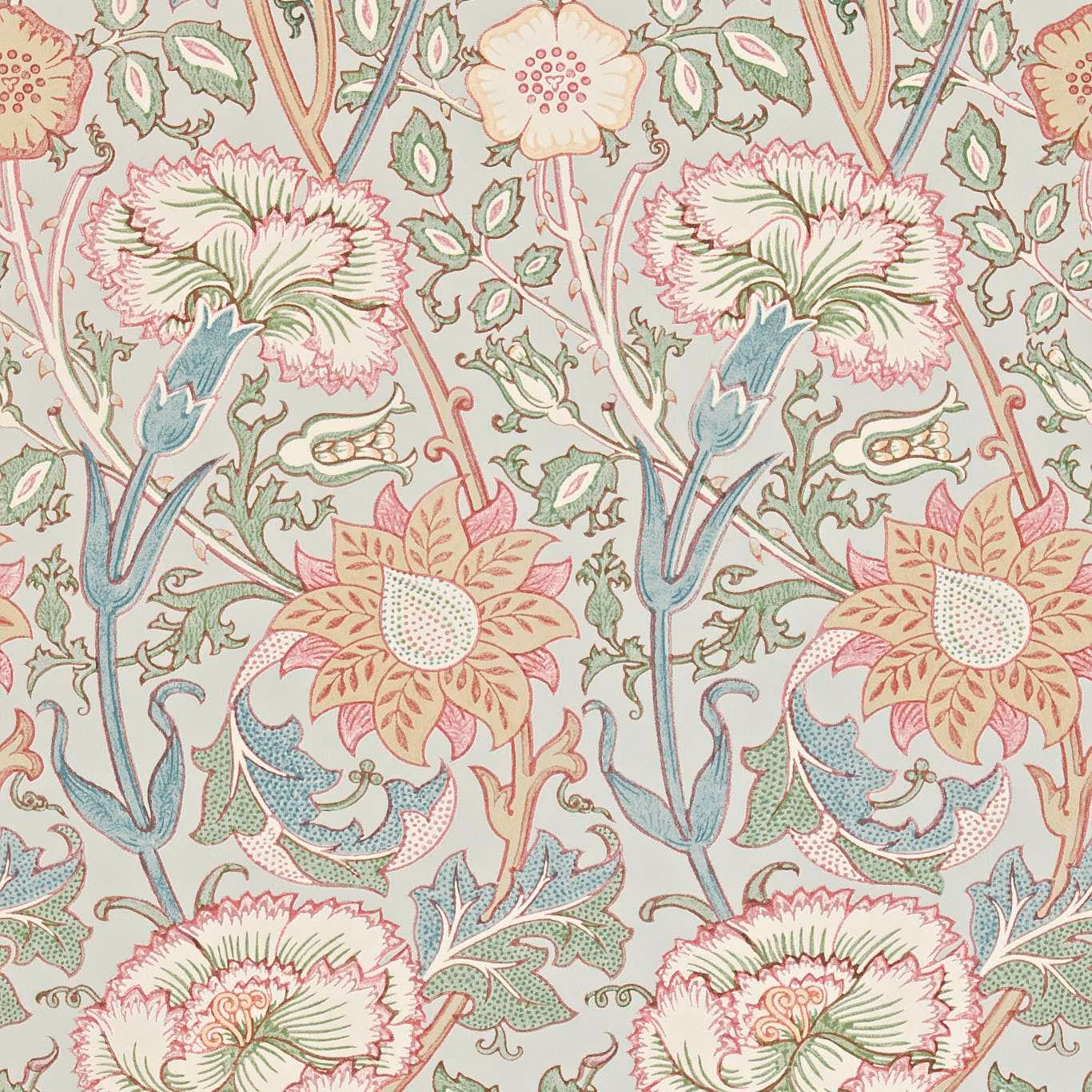 Eggshell wallpaper with rose flowers, sage leaves, and blue-green scrolling stems