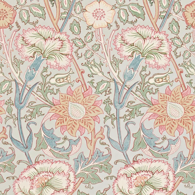 Eggshell wallpaper with rose flowers, sage leaves, and blue-green scrolling stems