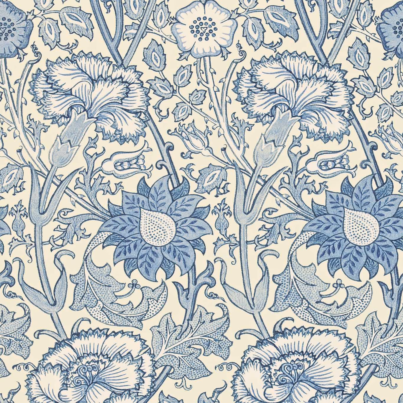 Indigo botanical wallpaper with large flowers, curling stems and blue-grey leaves on ivory