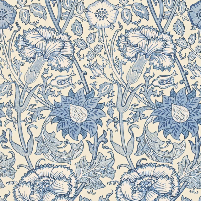 Indigo botanical wallpaper with large flowers, curling stems and blue-grey leaves on ivory