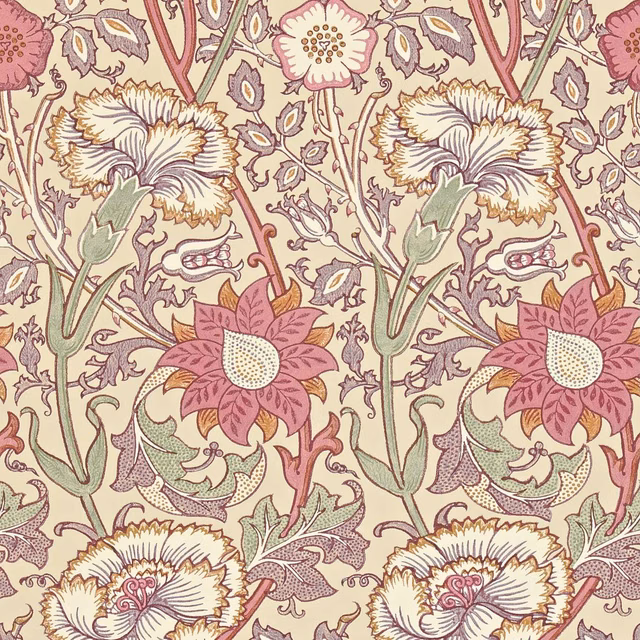 Large pink and rose flowers on warm white wallpaper with sage foliage and plum linework