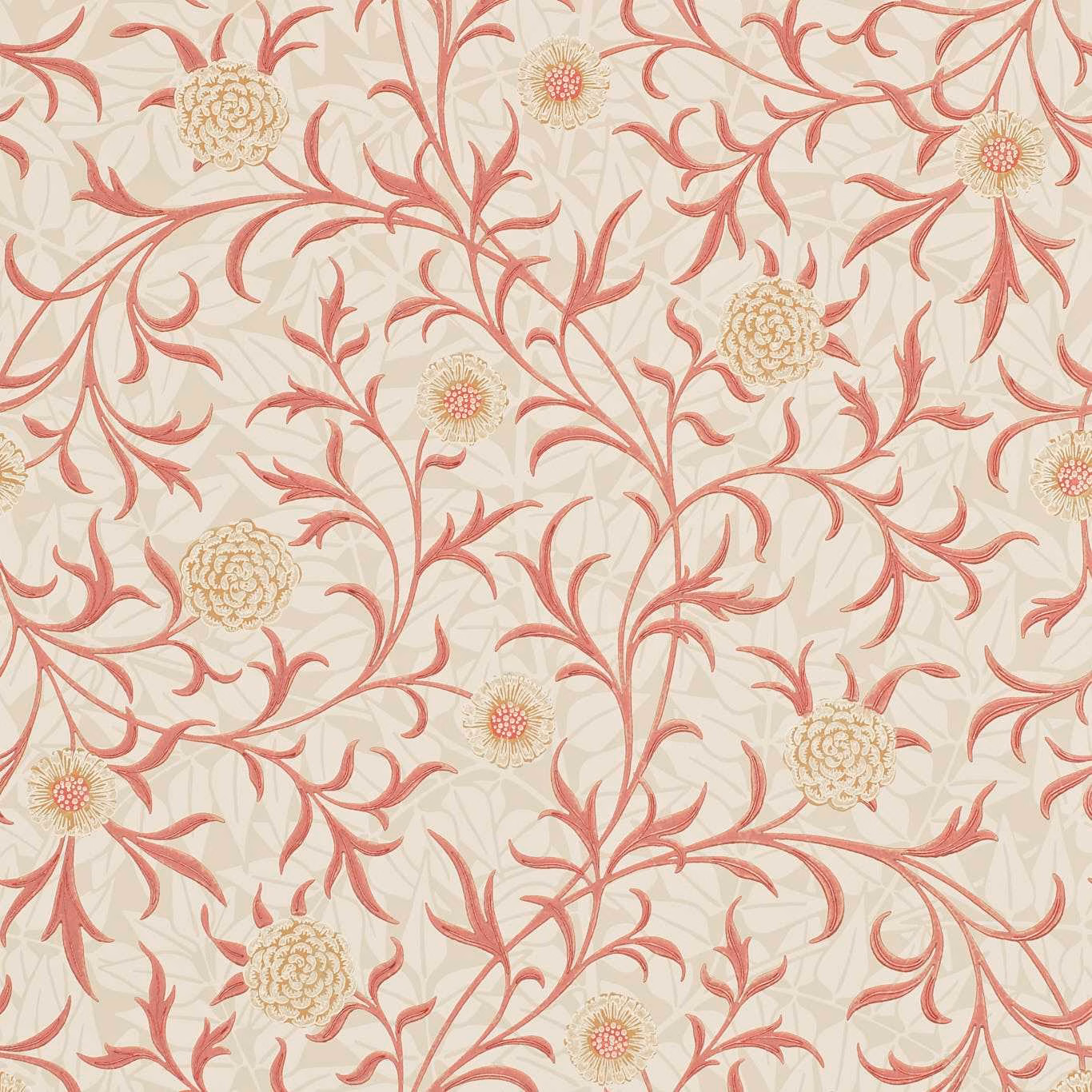 Warm buff wallpaper with brick scrolling stems and rounded floral motifs
