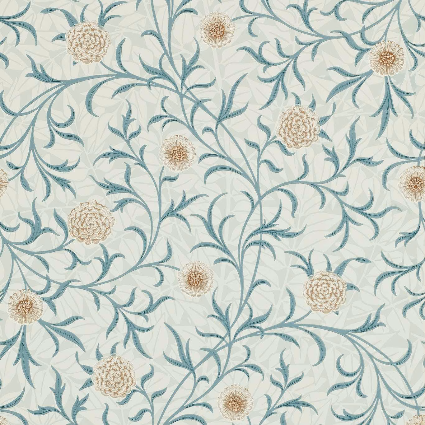 Pale cream wallpaper with slate-teal scrolling stems and beige rosette flowers