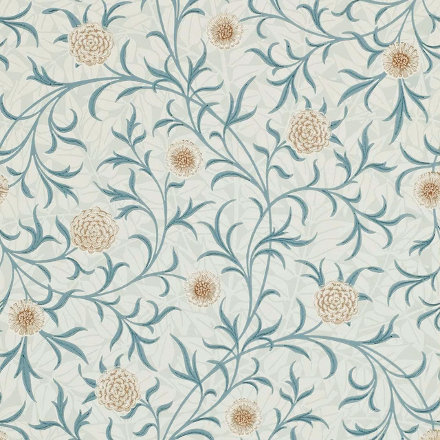 Pale cream wallpaper with slate-teal scrolling stems and beige rosette flowers