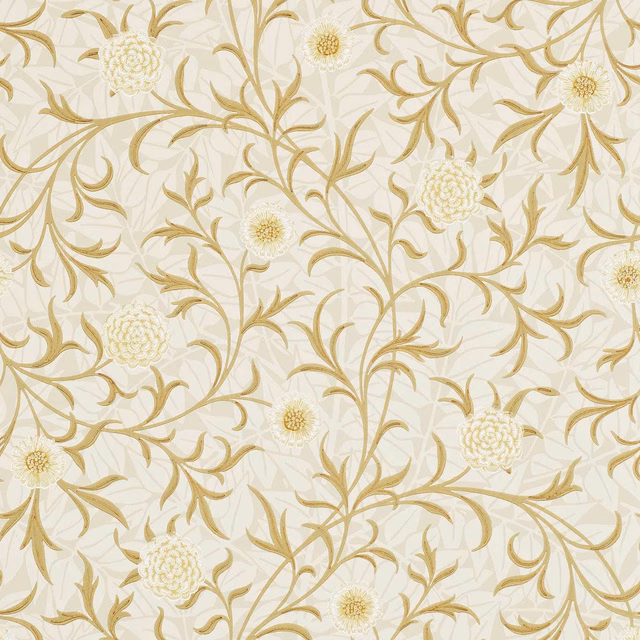 Biscuit-gold curling stems and pale chrysanthemum blooms across a warm cream wallpaper ground