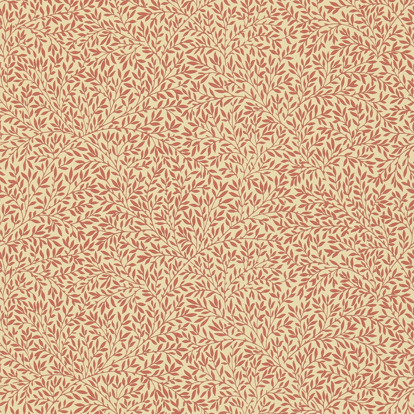 Warm beige wallpaper with dense brick-red leafy branches in an all-over botanical pattern