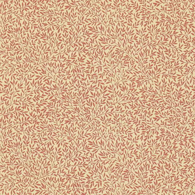 Warm beige wallpaper with dense brick-red leafy branches in an all-over botanical pattern