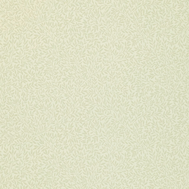 Pale sage leafy sprigs on a warm cream Morris & Co. wallpaper ground