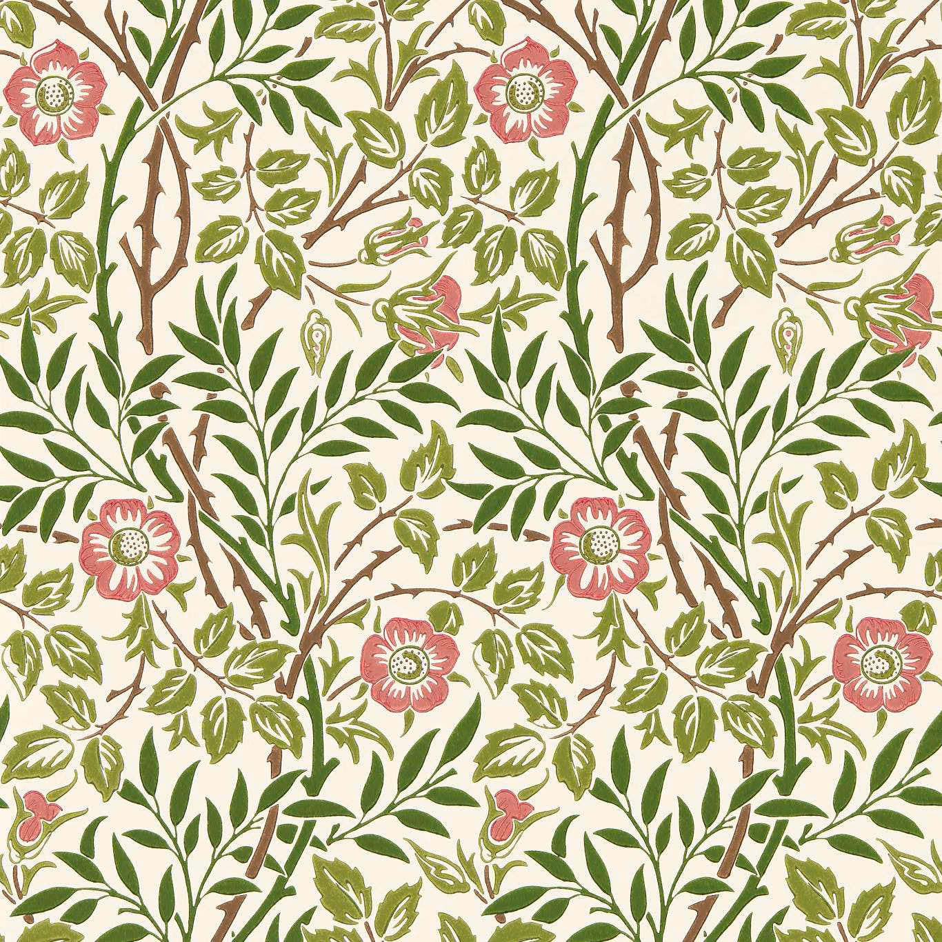 Cream wallpaper with olive leaves, brown branches and soft rose botanical flowers