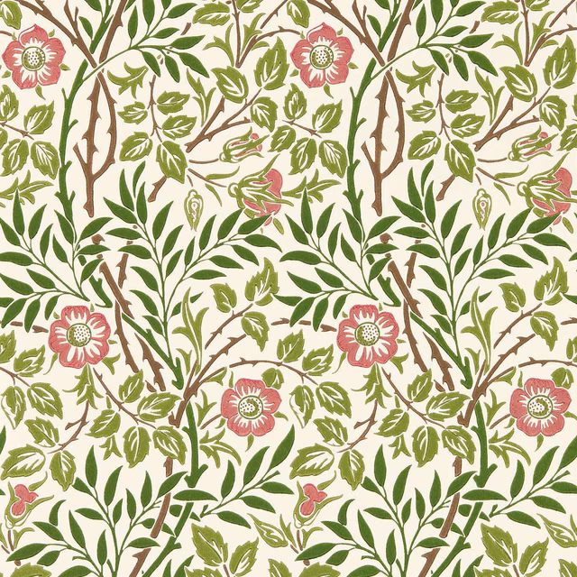 Cream wallpaper with olive leaves, brown branches and soft rose botanical flowers