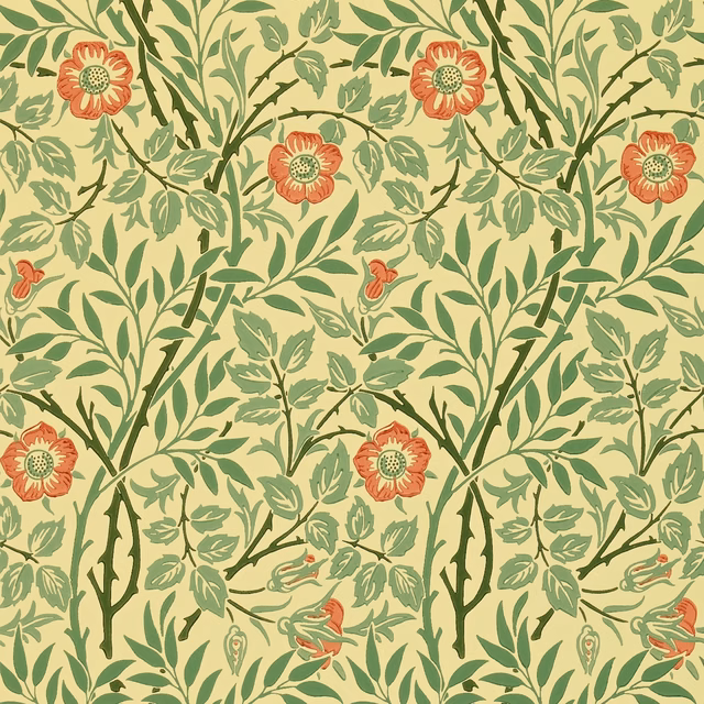 Sage green botanical wallpaper with rust flowers on a pale yellow-green ground