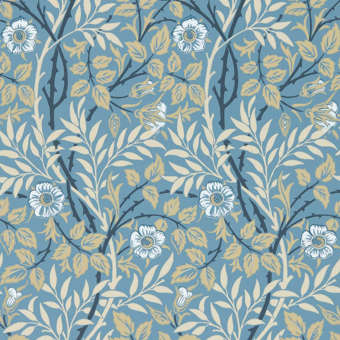 Blue-grey Sweet Briar wallpaper with cream flowers, ochre leaves and perched birds