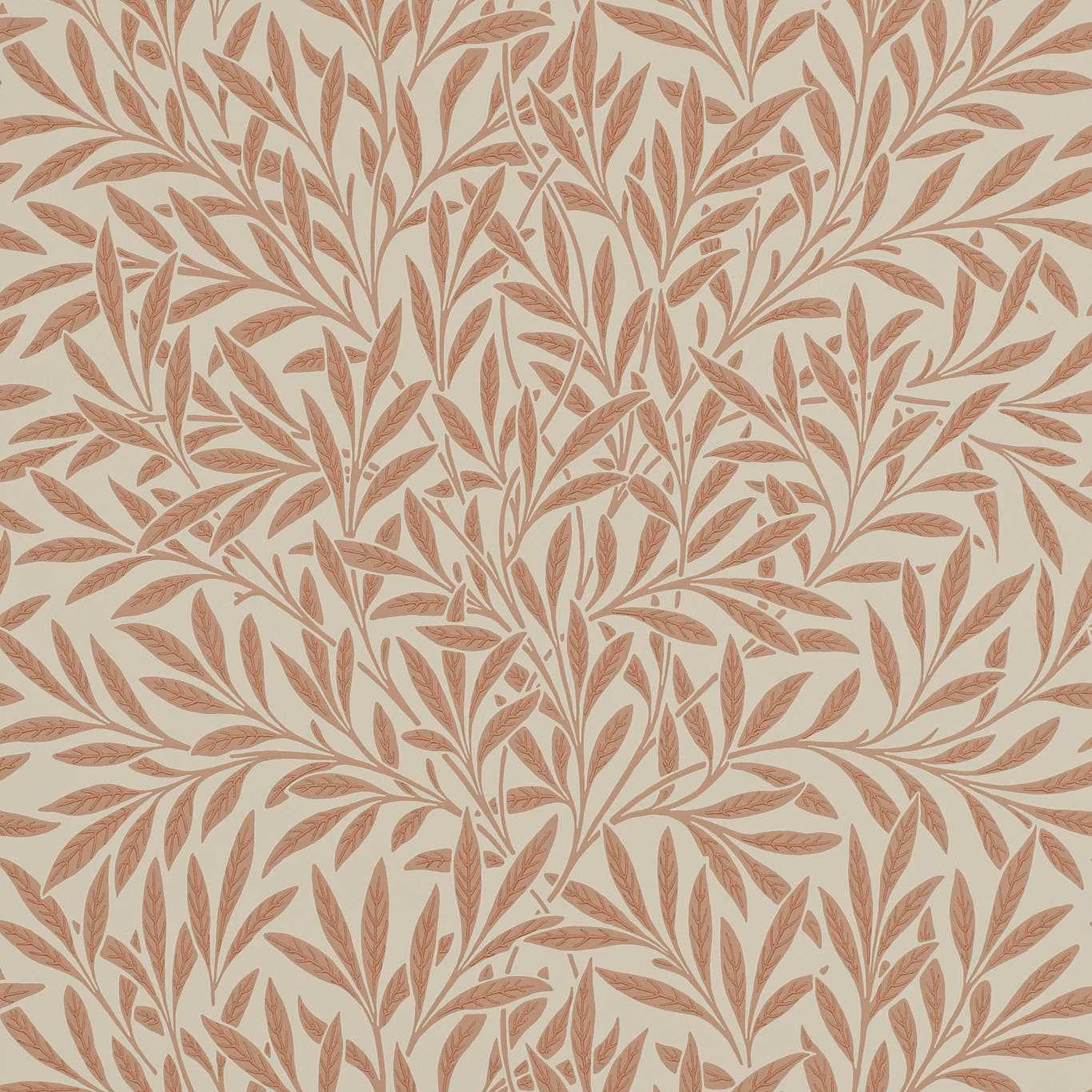 Warm ivory wallpaper with dense russet leafy branches and fine drawn leaf detail