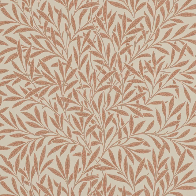 Warm ivory wallpaper with dense russet leafy branches and fine drawn leaf detail