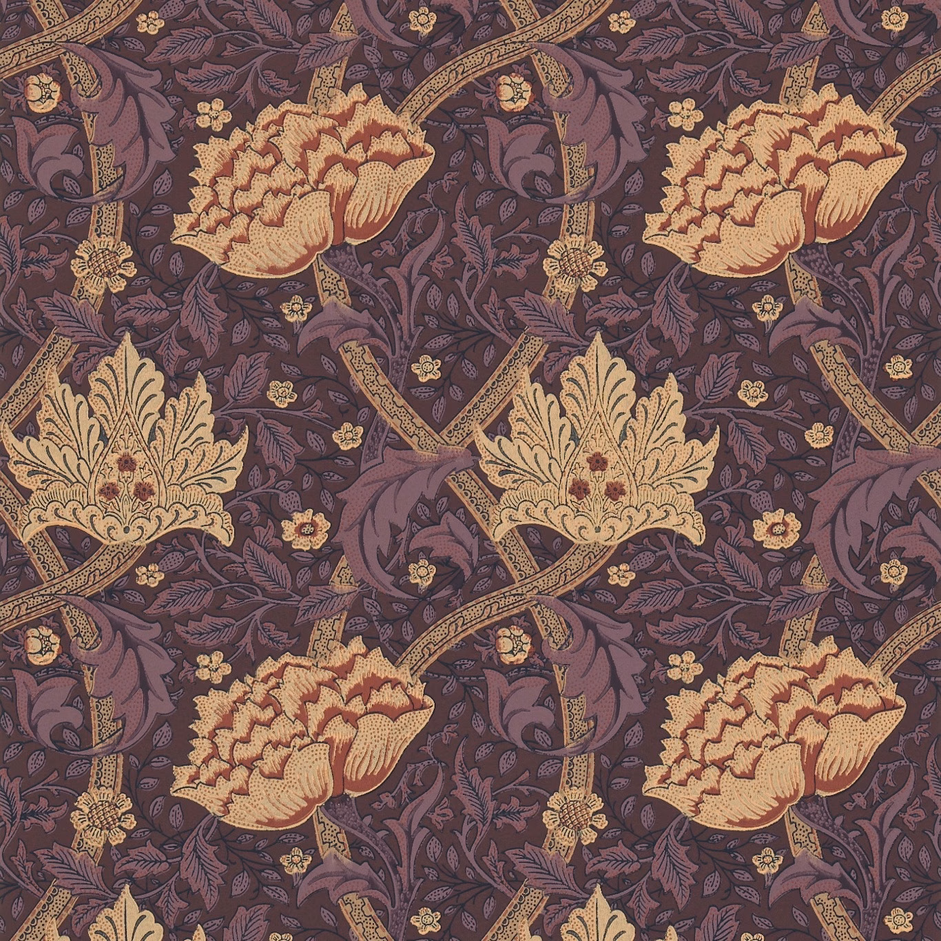 Aubergine wallpaper with ochre tulips, scrolling leaves and dense wine-toned botanical detail