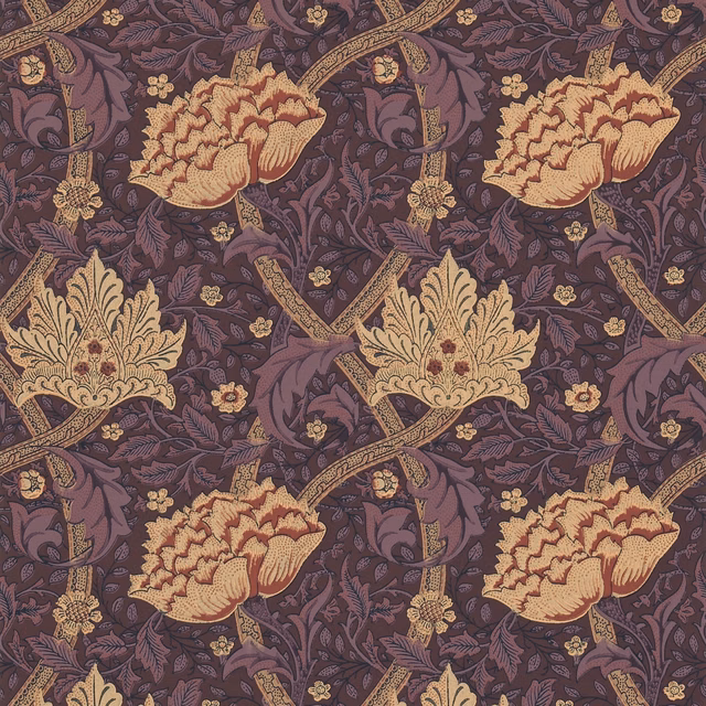 Aubergine wallpaper with ochre tulips, scrolling leaves and dense wine-toned botanical detail