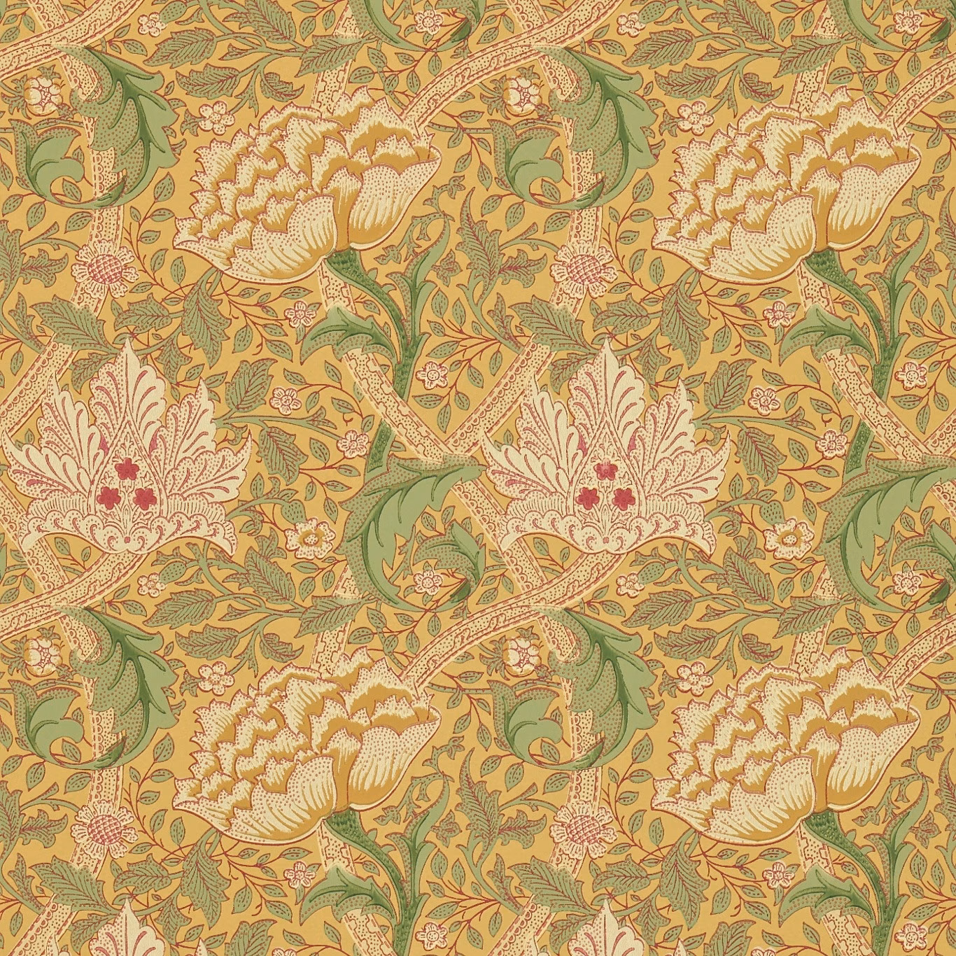 Muted gold wallpaper with thyme leaves and large cream Morris floral blooms