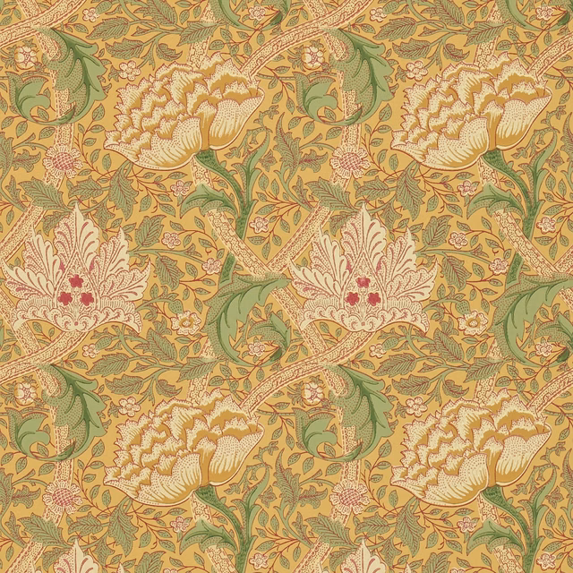 Muted gold wallpaper with thyme leaves and large cream Morris floral blooms