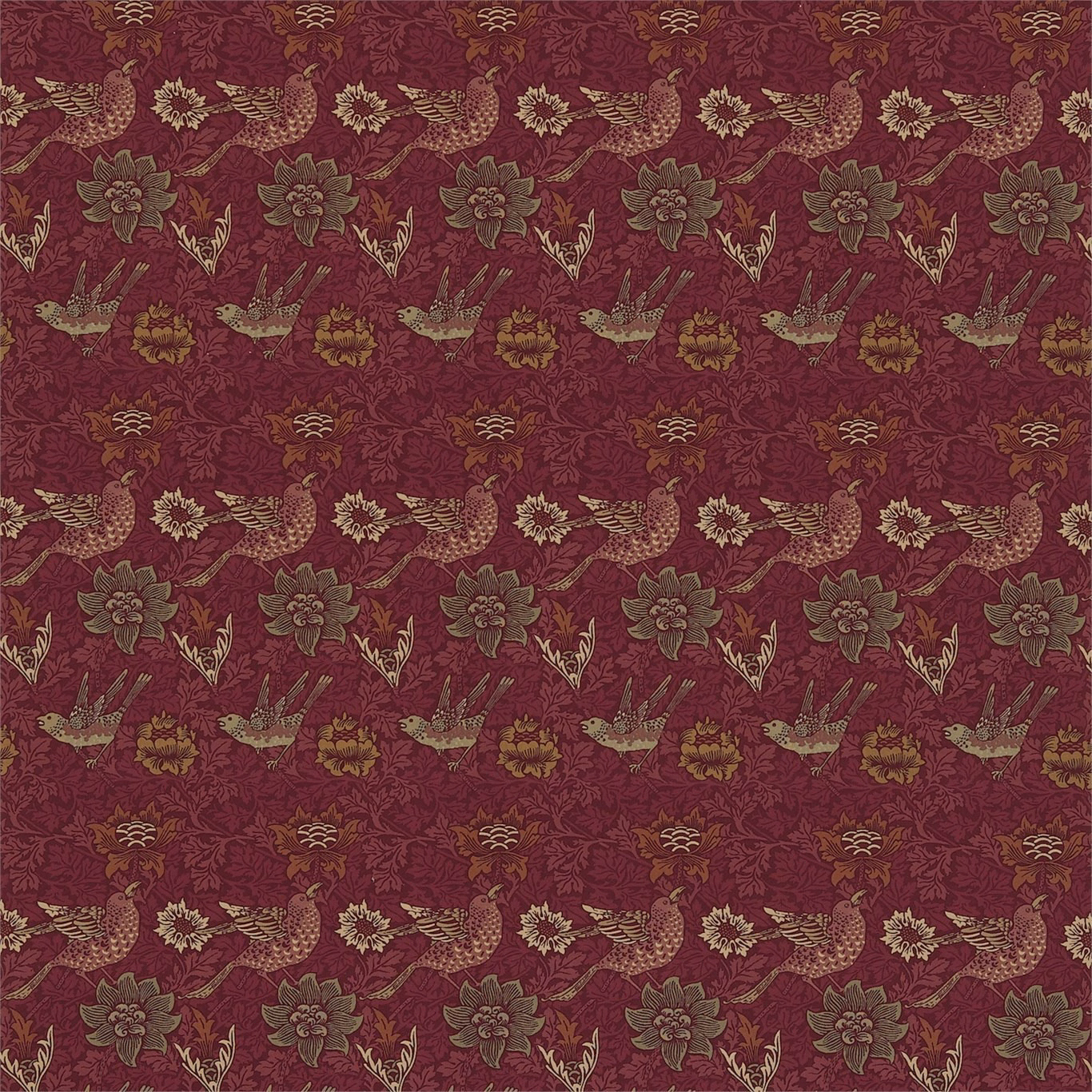 Red-clay ground with ochre birds, flowers and trailing foliage in a woven pattern