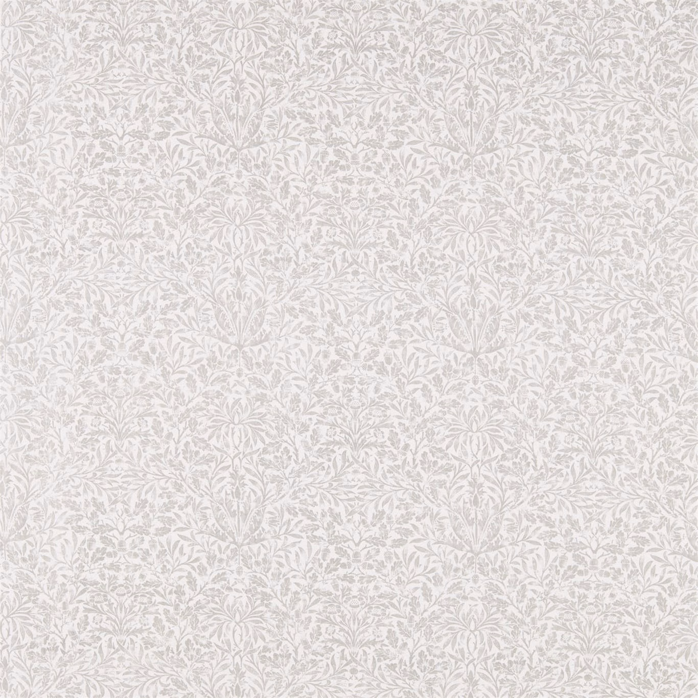 Pale dove-grey fabric with a dense, delicate leafy botanical repeat