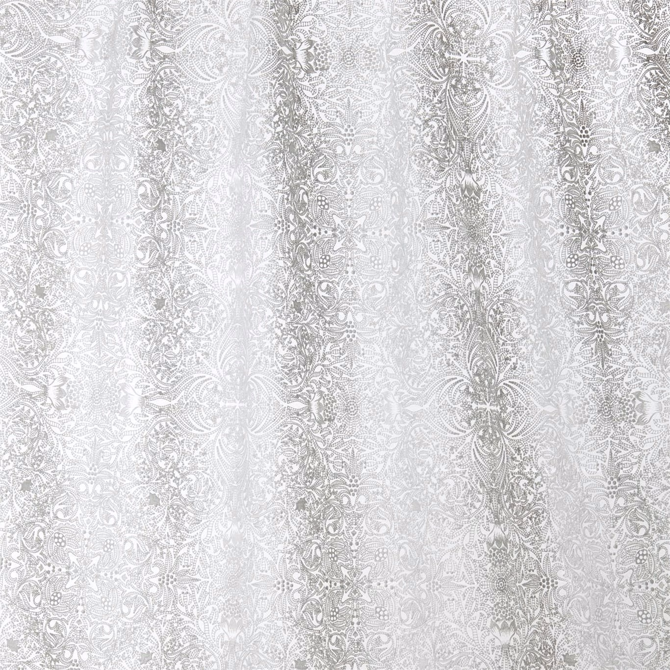 Pale dove-grey embroidered scrolls forming dense vertical bands on a white ground