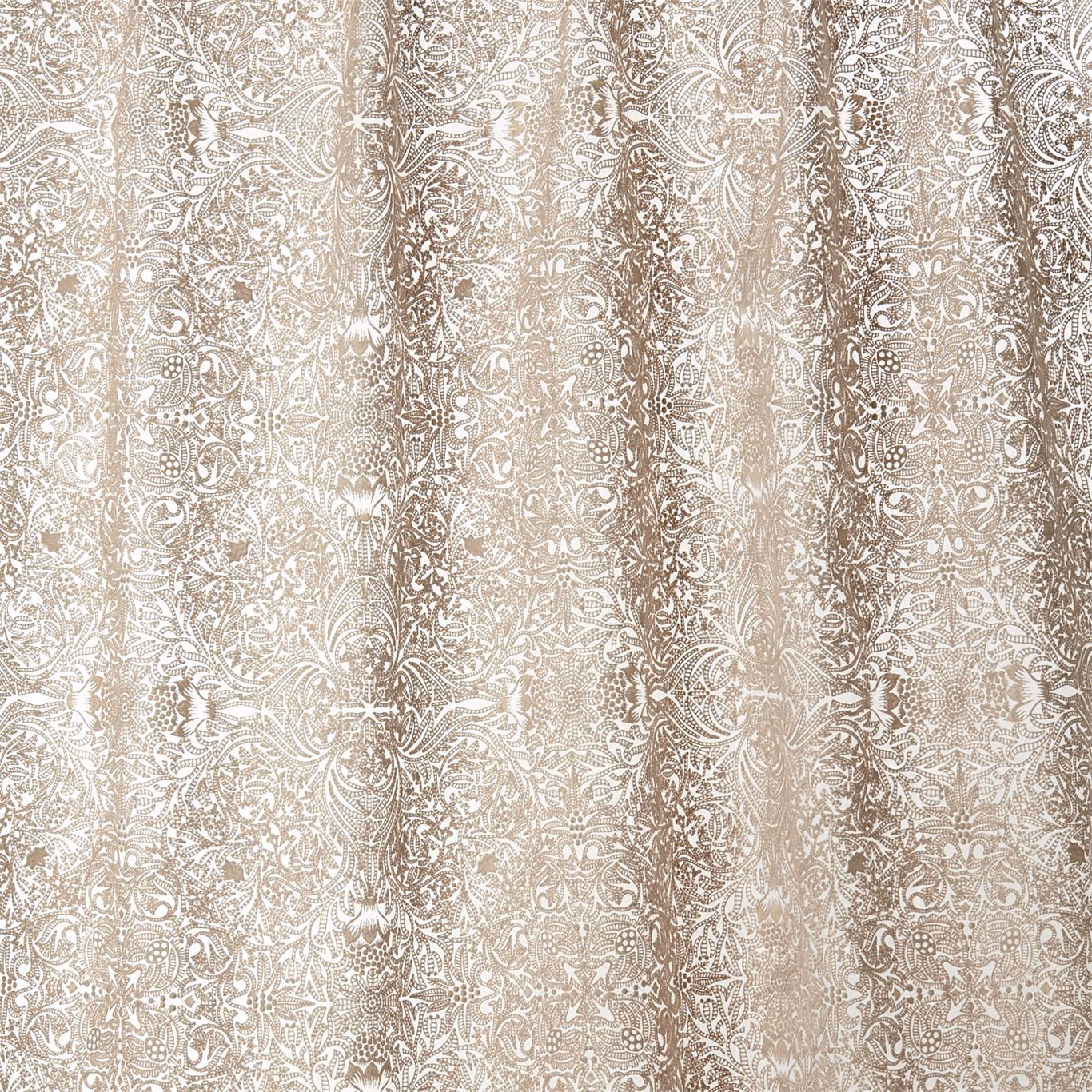 Pale flax beige fabric with taupe scrolling botanical embroidery and ornamental medallions