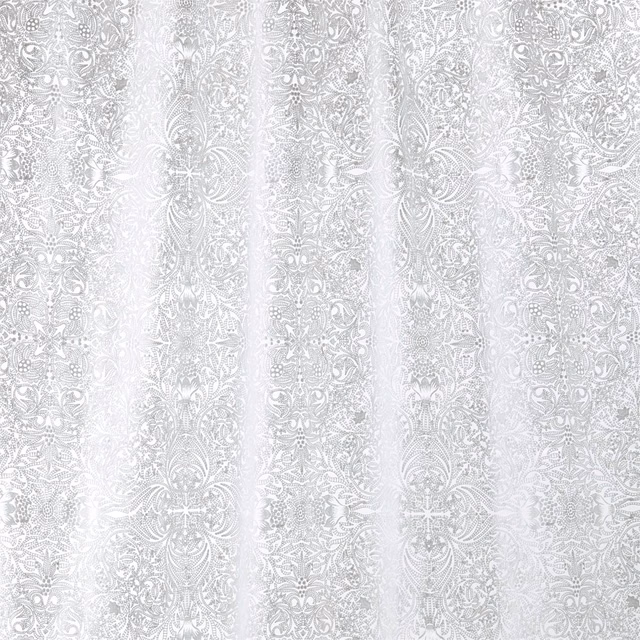 Paper-white textile with delicate silver-grey floral damask embroidery in a vertical repeat