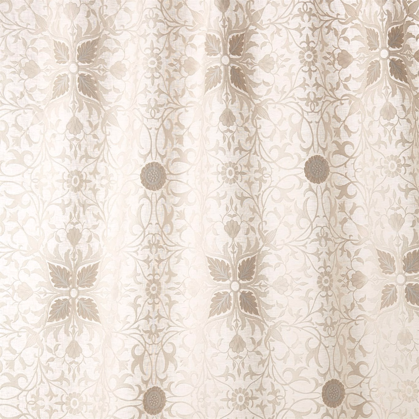 Barley cream fabric with taupe Morris floral medallions and fine woven texture