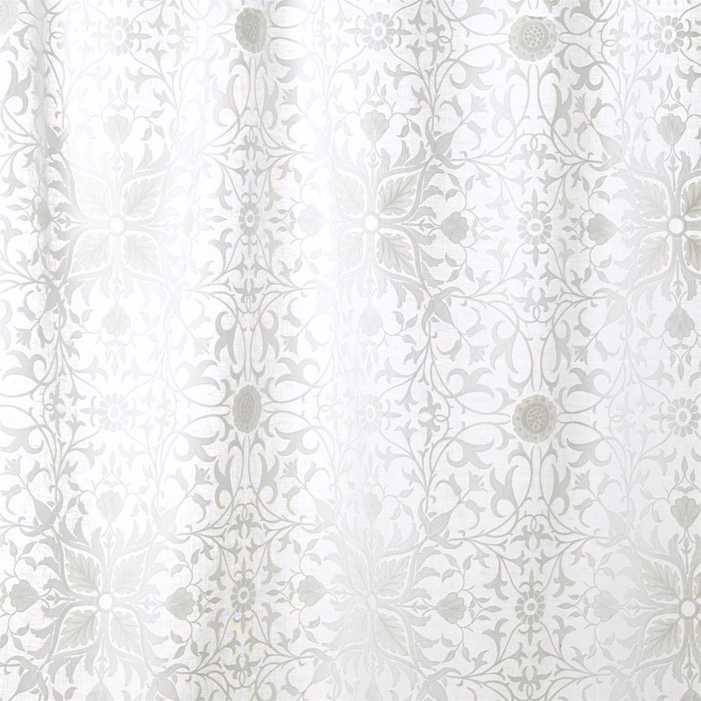 Paper white net with cool grey scrolling botanicals and floral medallions