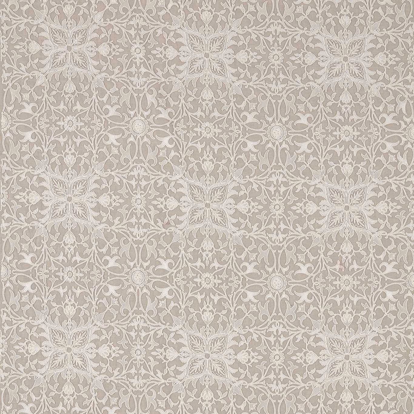 Warm flax-taupe net with ivory scrolling foliage, rosettes and embroidered floral medallions
