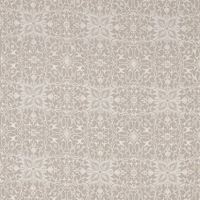 Warm flax-taupe net with ivory scrolling foliage, rosettes and embroidered floral medallions